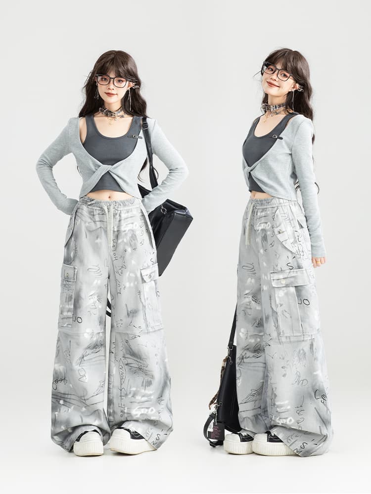 ストリートファッション アート柄ワイドシルエットカーゴパンツ