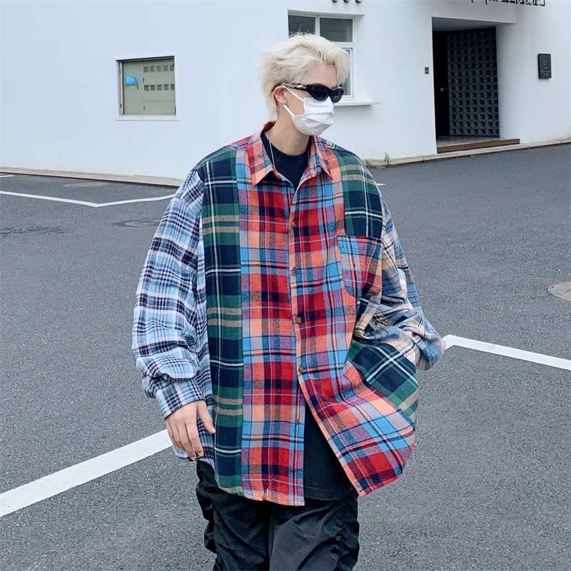 ストリートファッション オーバーサイズ マルチパターン フランネルシャツ