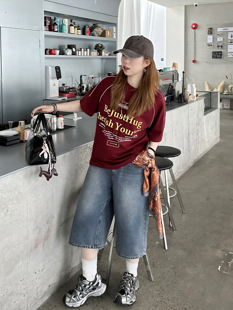 ストリートファッション ゆったりワイドデニムハーフパンツ