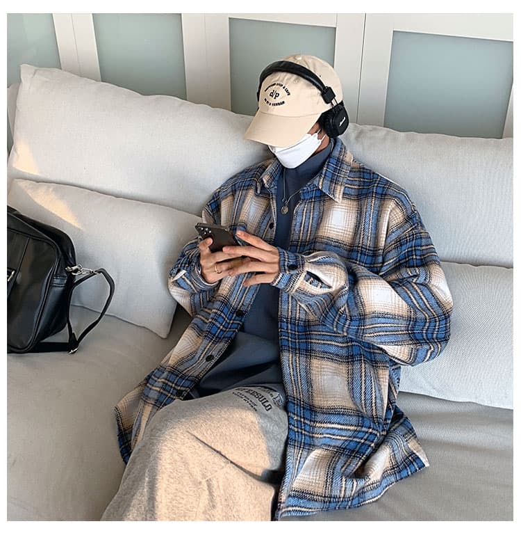 ストリートファッション ゆったりチェックシャツジャケット