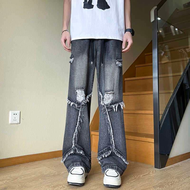 ストリートファッション ダメージ加工ワイドデニムパンツ