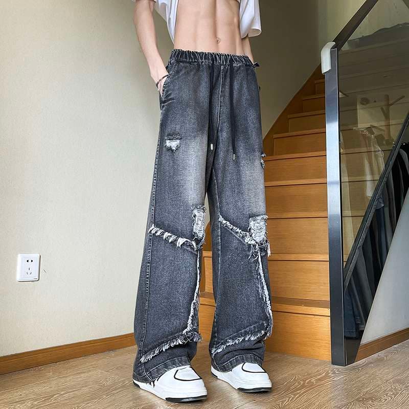 ストリートファッション ダメージ加工ワイドデニムパンツ
