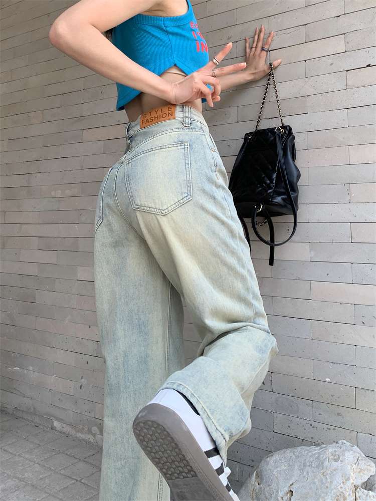 ストリートファッション ゆったりストレートデニムパンツ