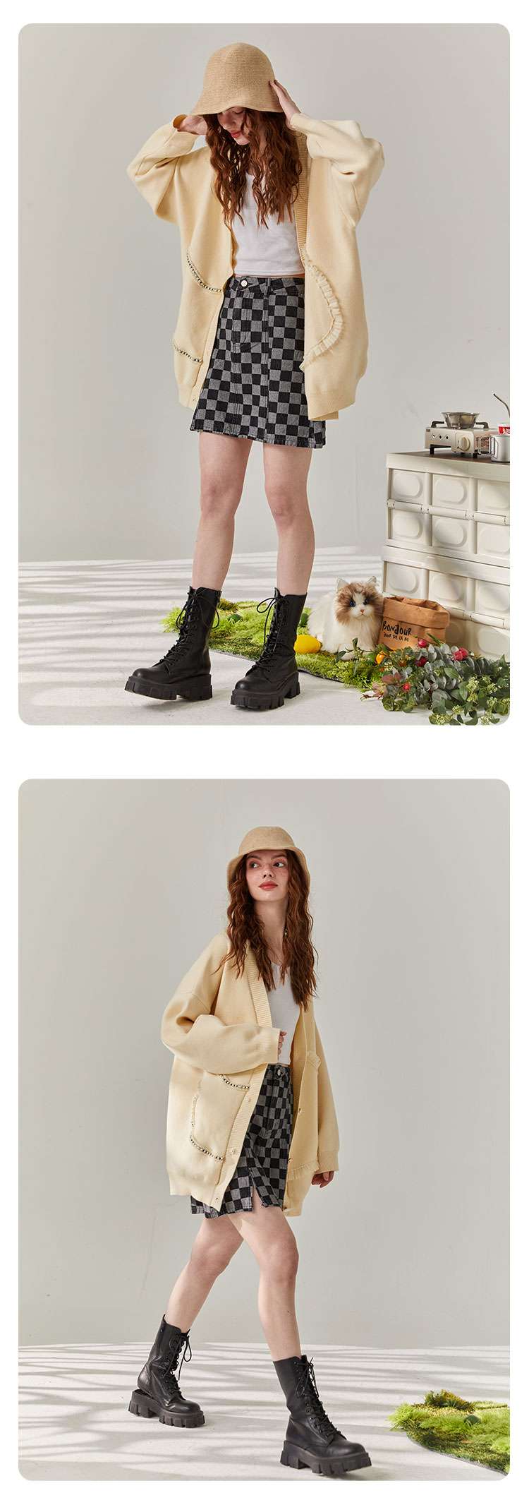 ストリートファッション フリルポケット付きオーバーサイズカーディガン