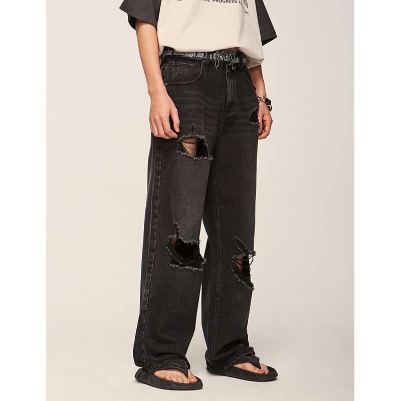 ストリートファッション ダメージ加工ワイドデニムパンツ