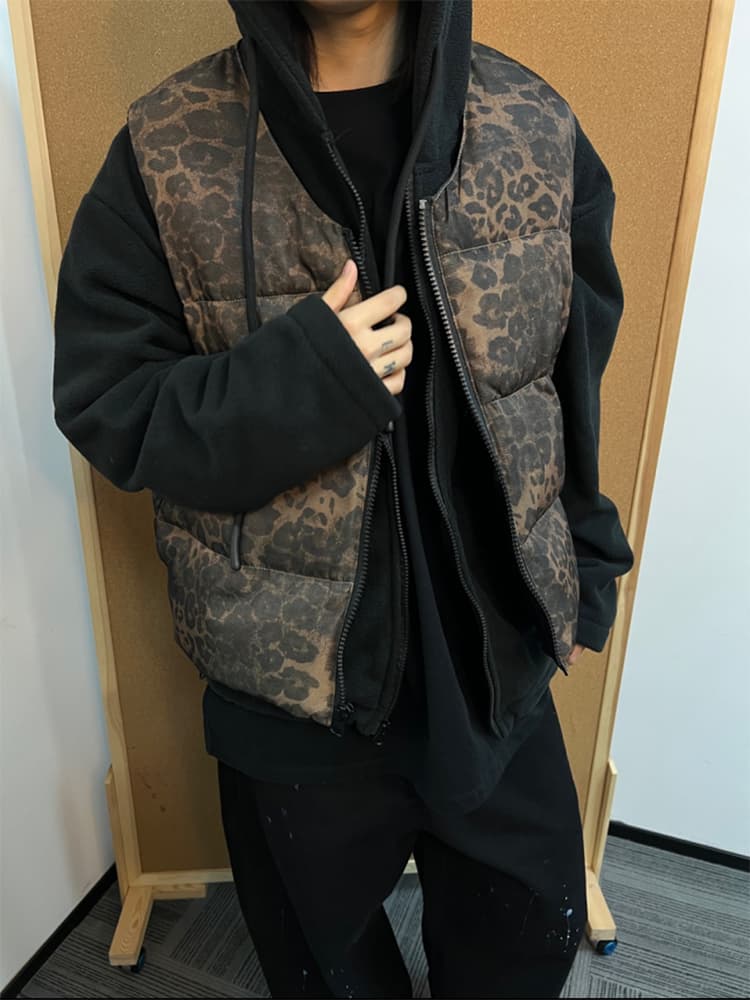 ストリートファッション ストリートファッション 豹柄キルティング中綿ベスト
