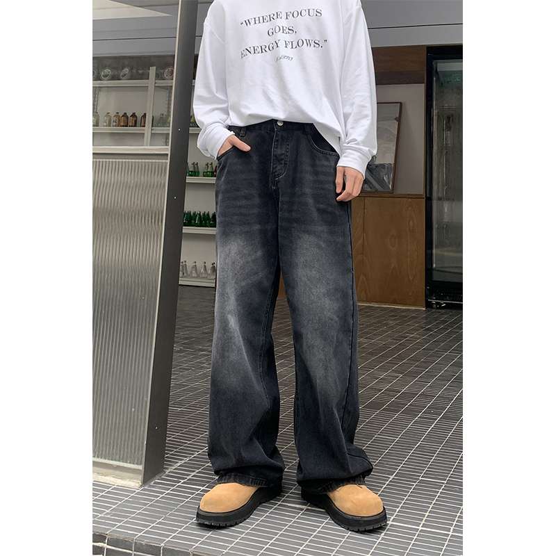 ストリートファッション ゆったりワイドデニムパンツ