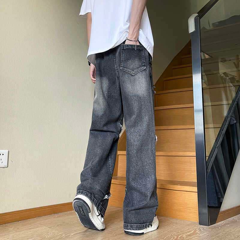ストリートファッション ダメージ加工ワイドデニムパンツ