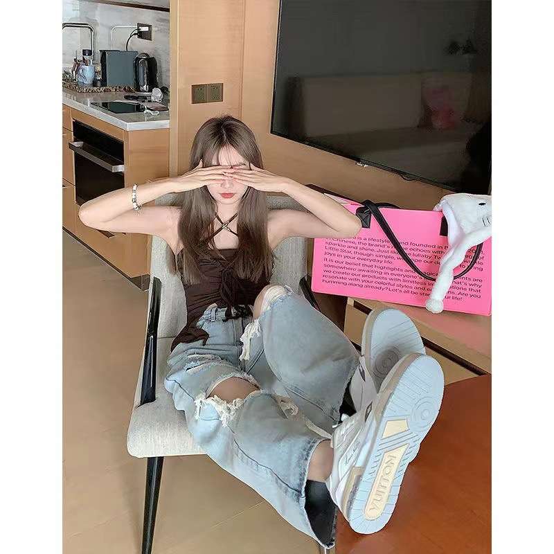 ストリートファッション 大胆ダメージ加工ワイドデニムパンツ