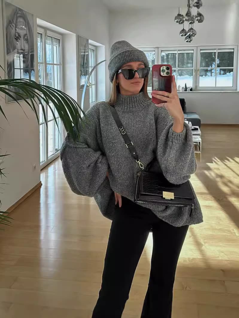 ストリートファッションニットゆったりボリューム袖モックネック