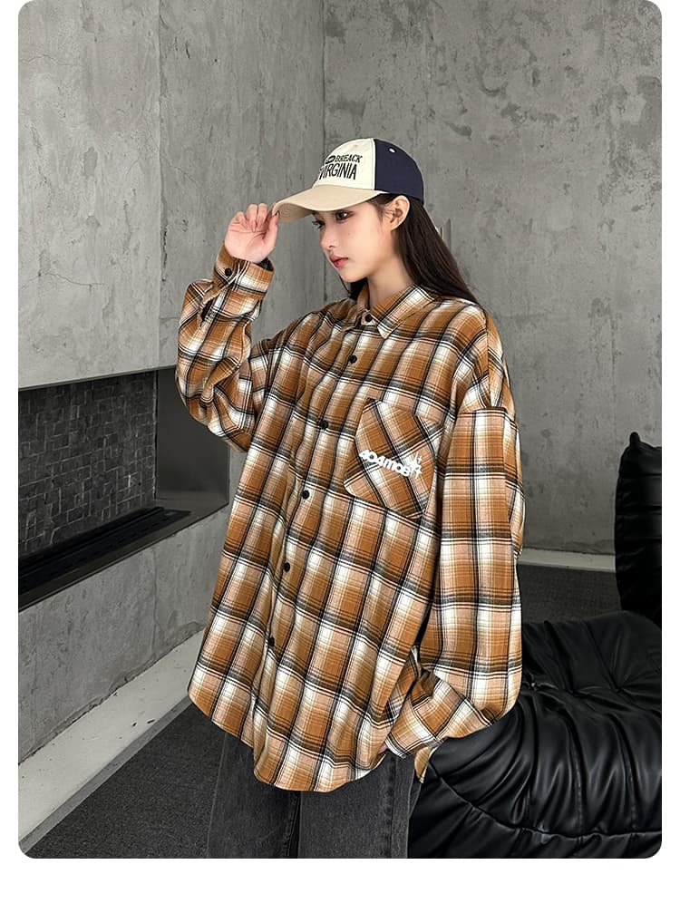 ストリートファッション ゆったりシルエットチェックシャツ