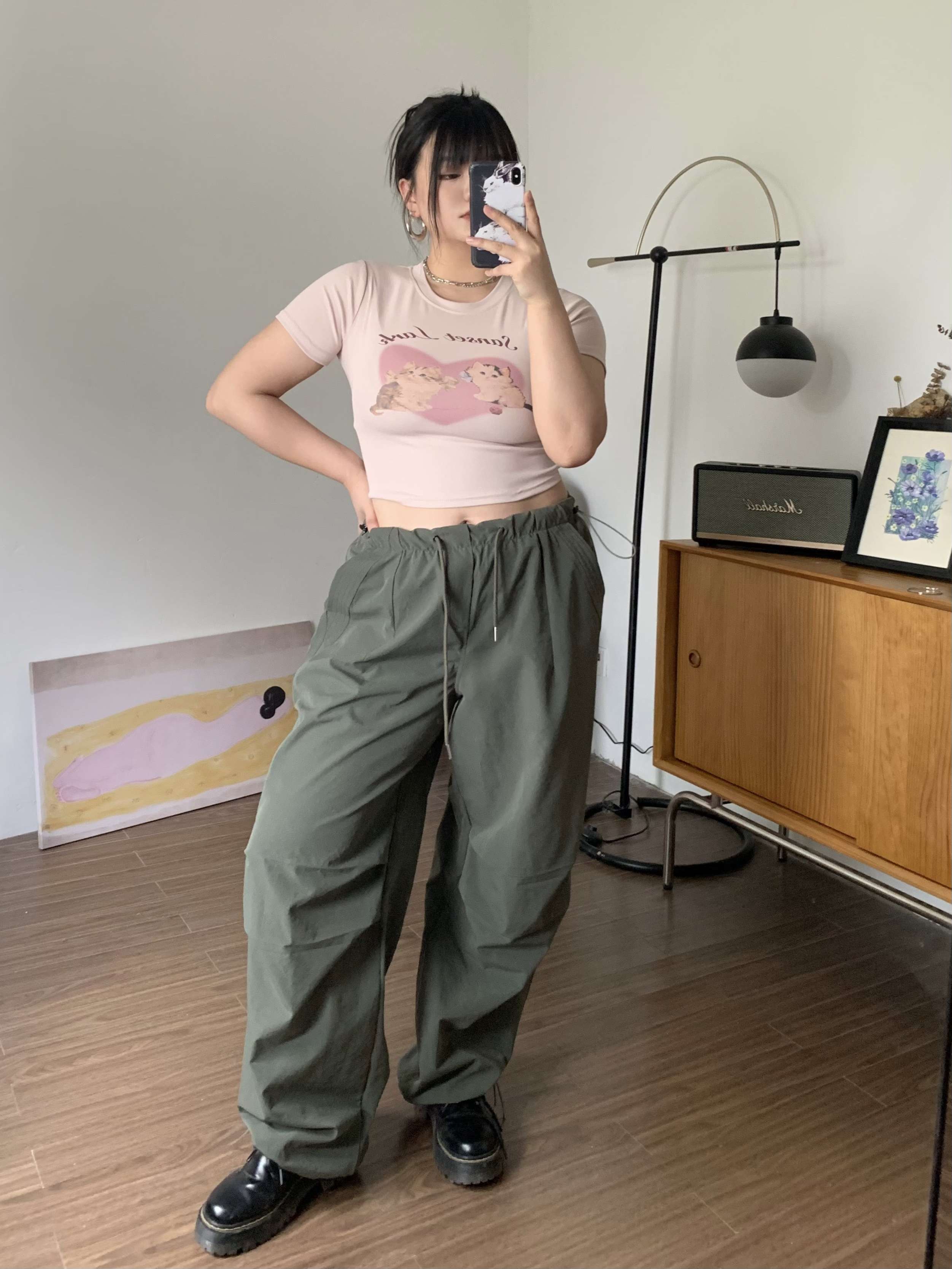 ストリートファッション ゆったりワイドカーゴパンツ