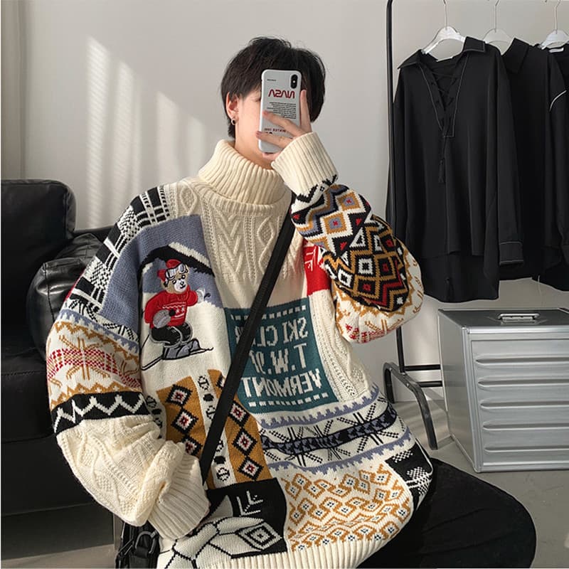 ストリートファッション ストリートファッション レトロ雪山柄パッチワークタートルネック