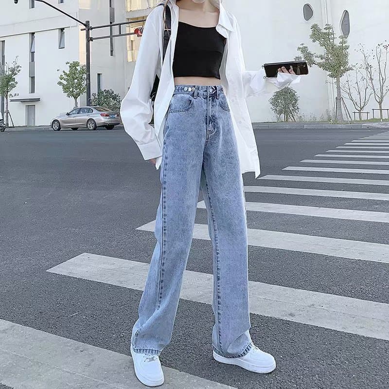 ストリートファッション ワイドレッグストレートハイウエストデニムパンツ