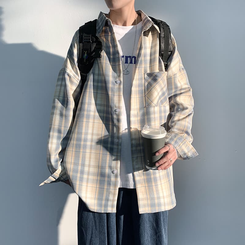 ストリートファッション オーバーサイズゆったりチェック柄長袖シャツ