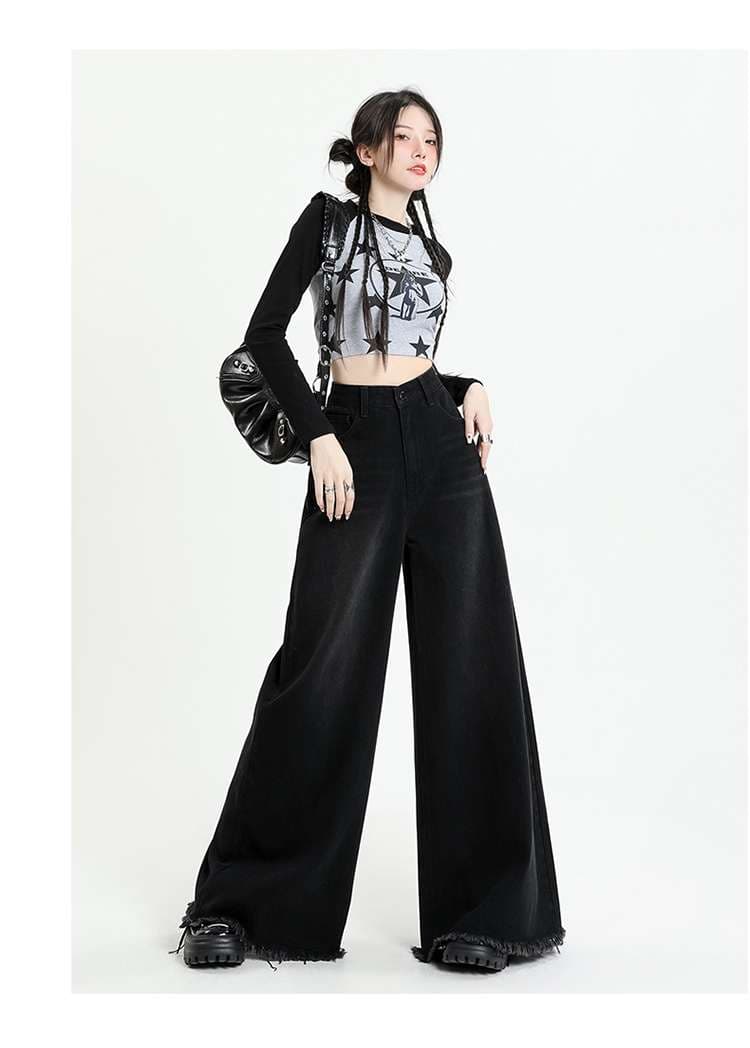 ストリートファッション 裾フリンジワイドデニムパンツ