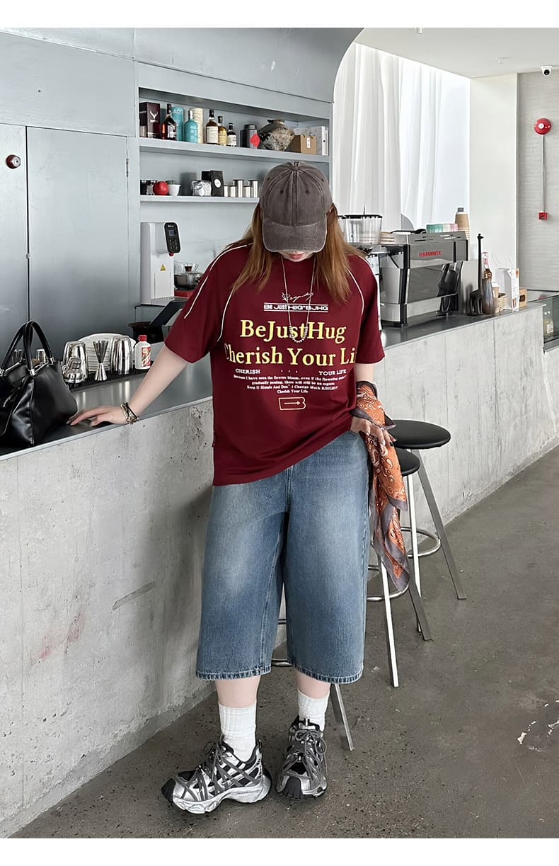 ストリートファッション ゆったりワイドデニムハーフパンツ