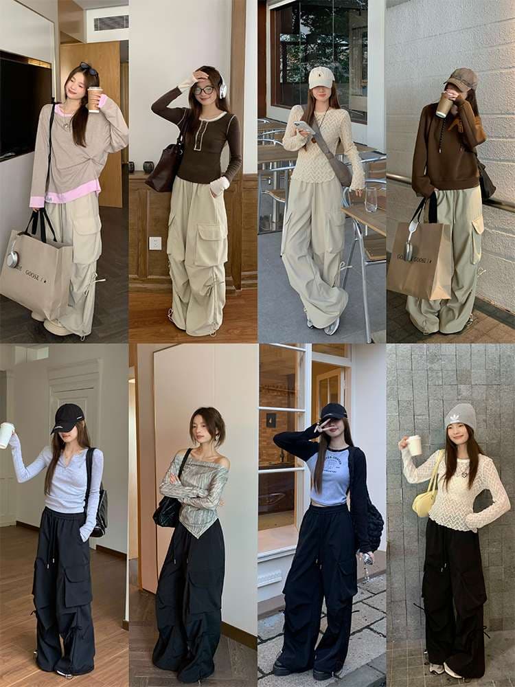ストリートファッション ゆったりカーゴワイドパンツ