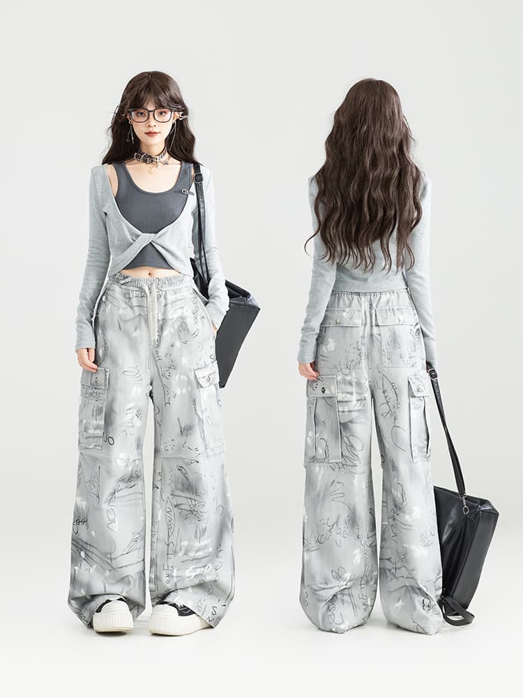 ストリートファッション アート柄ワイドシルエットカーゴパンツ