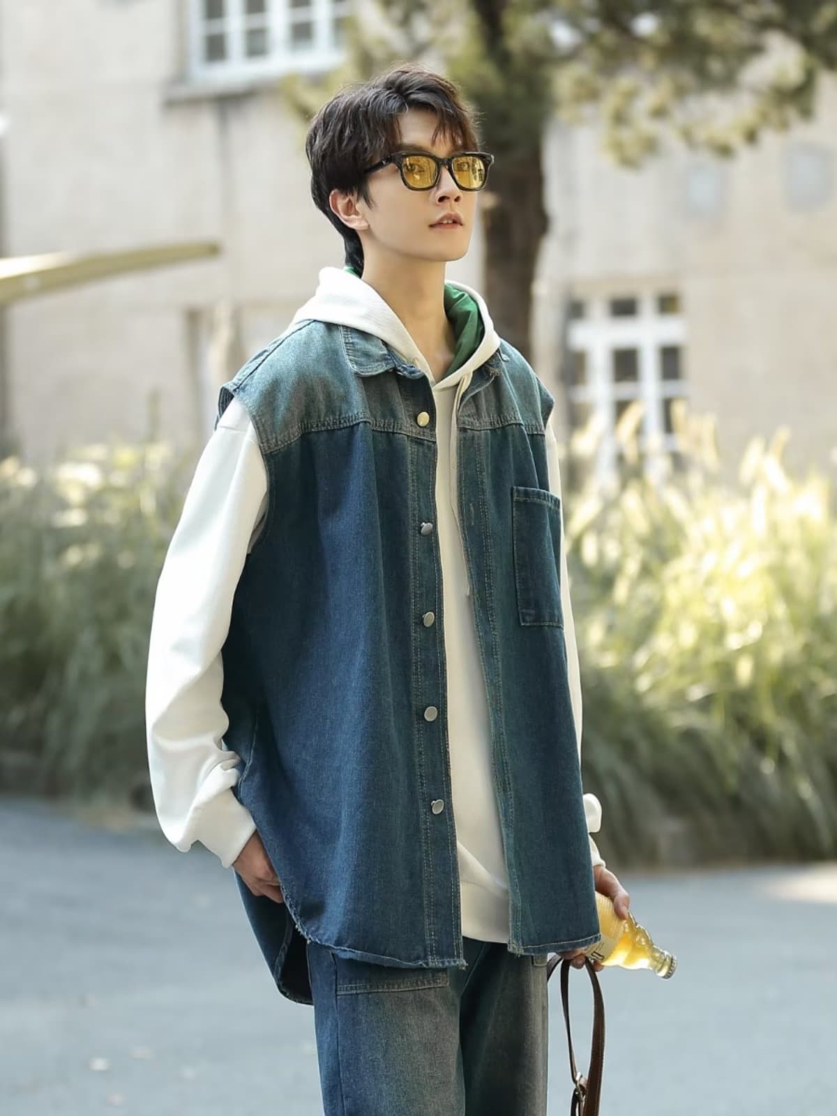 ストリートファッション ストリートファッション デニムシャツベスト 白袖切り替え