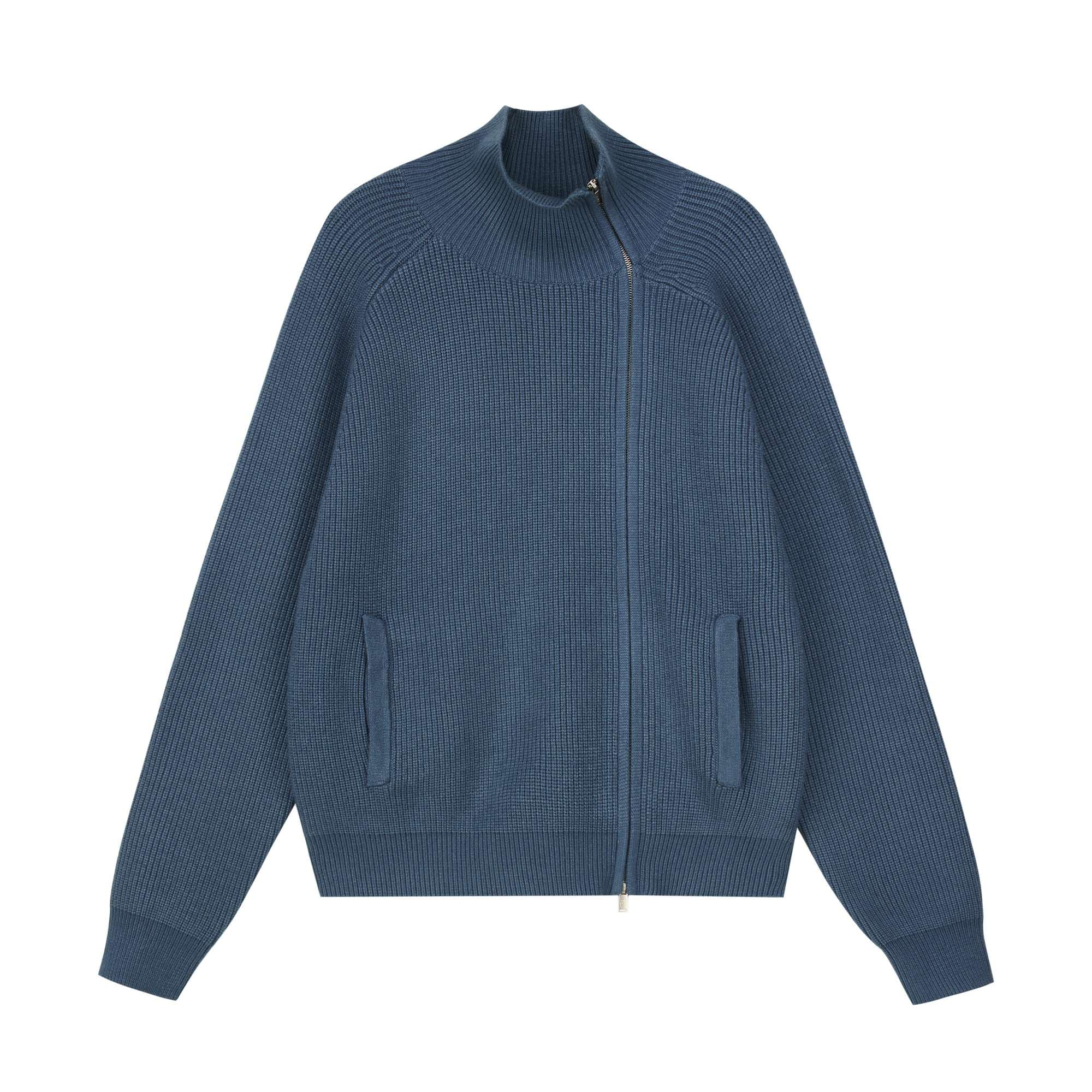 ストリートファッション リブ編みジップアップニットジャケット