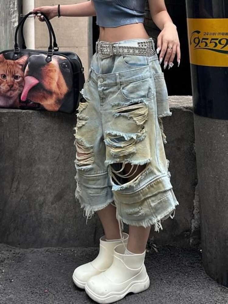 ストリートファッション ダメージ加工ワイドデニムカーゴパンツ