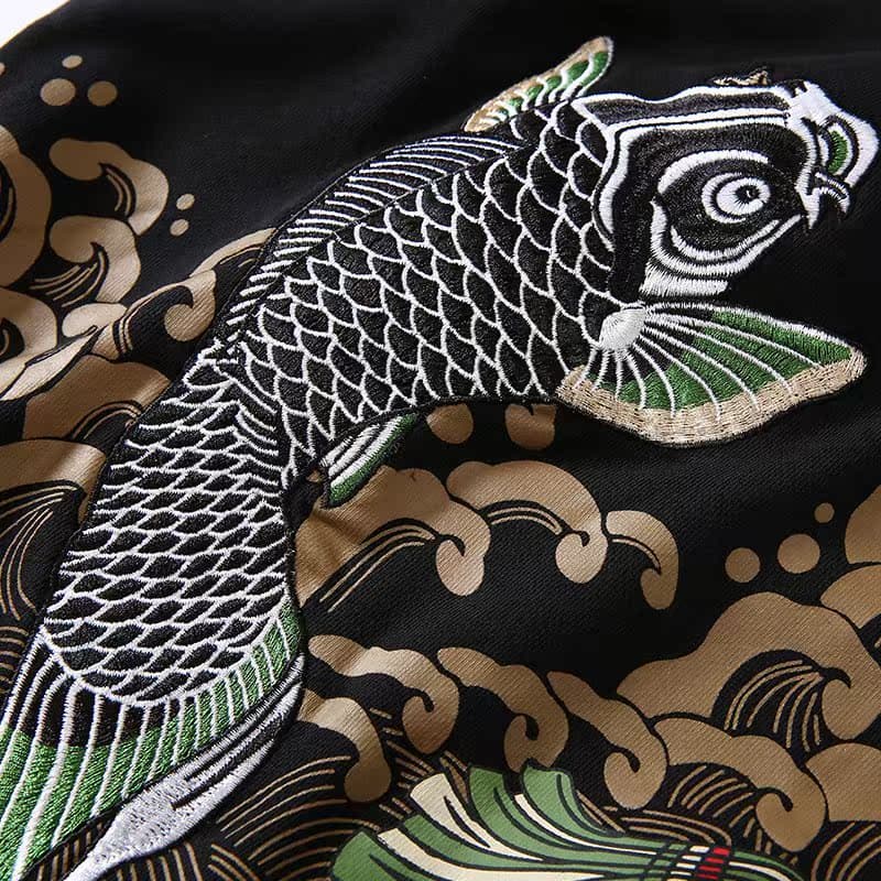 ストリートファッション 和風鯉刺繍オーバーサイズ裏起毛プルオーバー