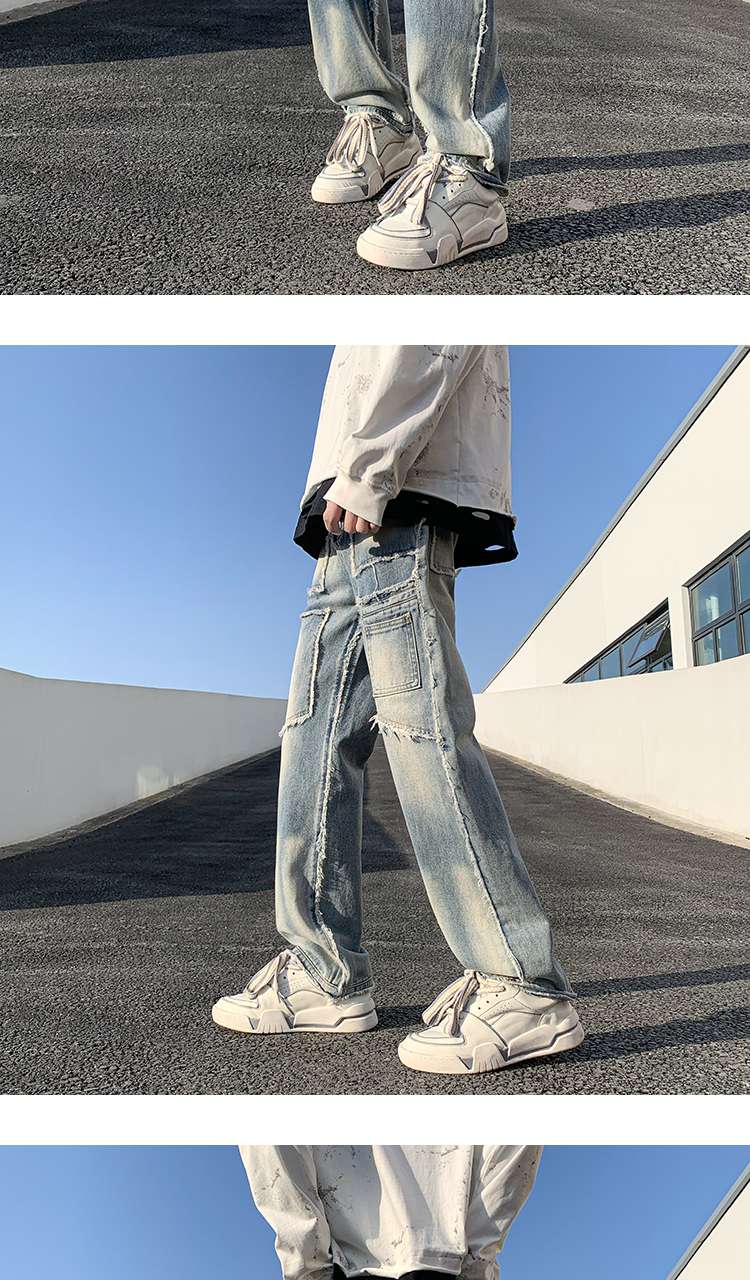 ストリートファッション ダメージ加工ルーズフィットデニム