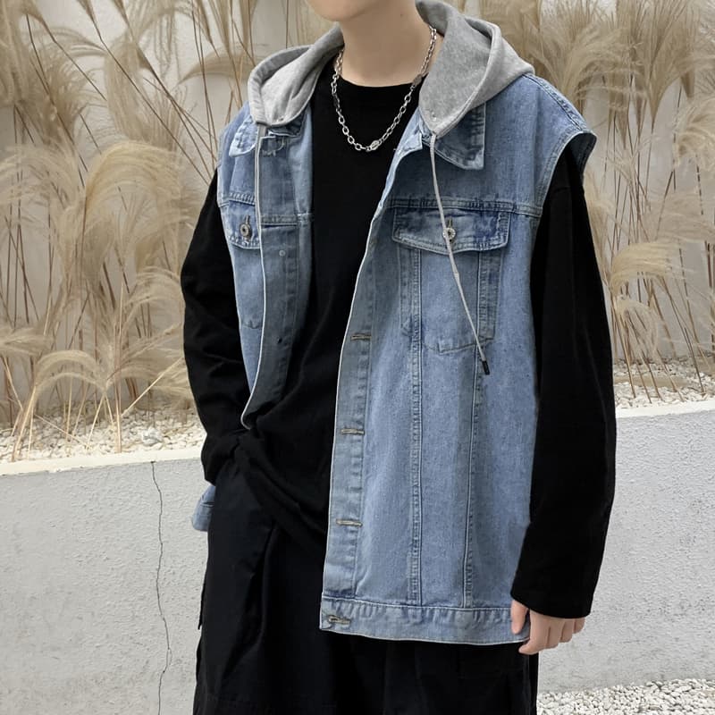 ストリートファッション ストリートファッション 重ね着風フード付きデニムベスト