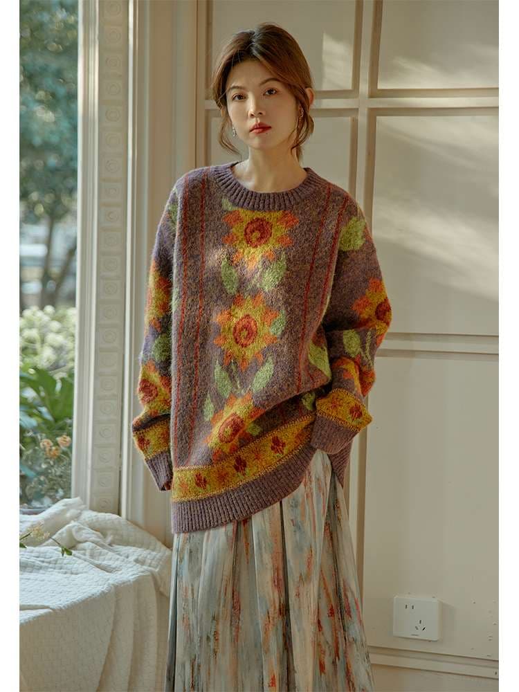 ストリートファッション 花模様のふわふわニットセーター