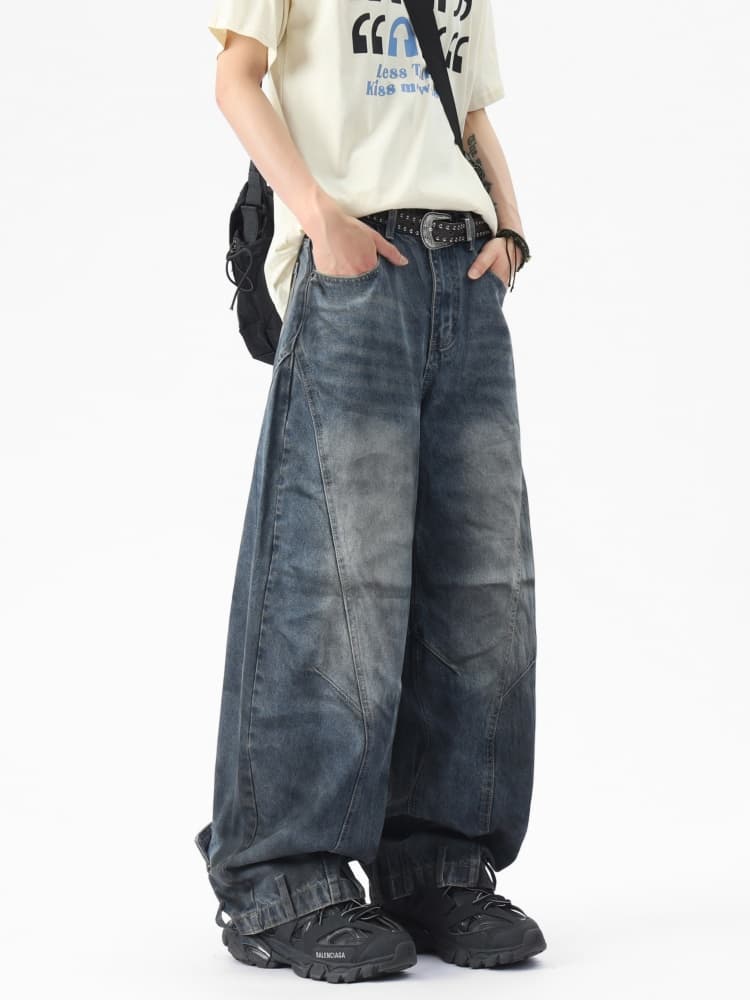 ストリートファッション ゆったりバルーンデニムパンツ