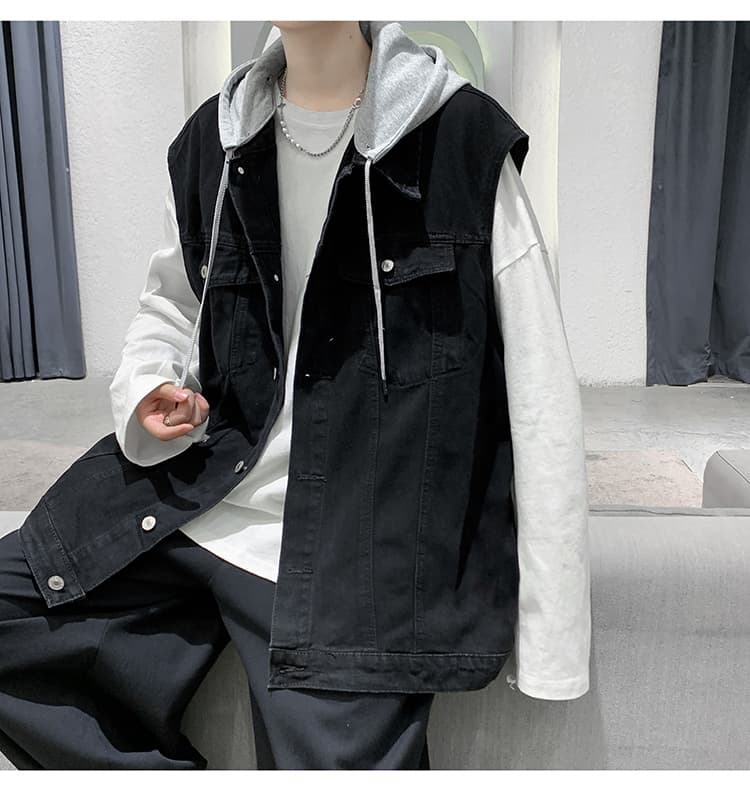 ストリートファッション ストリートファッション 重ね着風フード付きデニムベスト