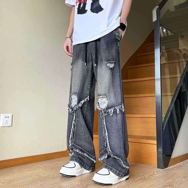 ストリートファッション ダメージ加工ワイドデニムパンツ