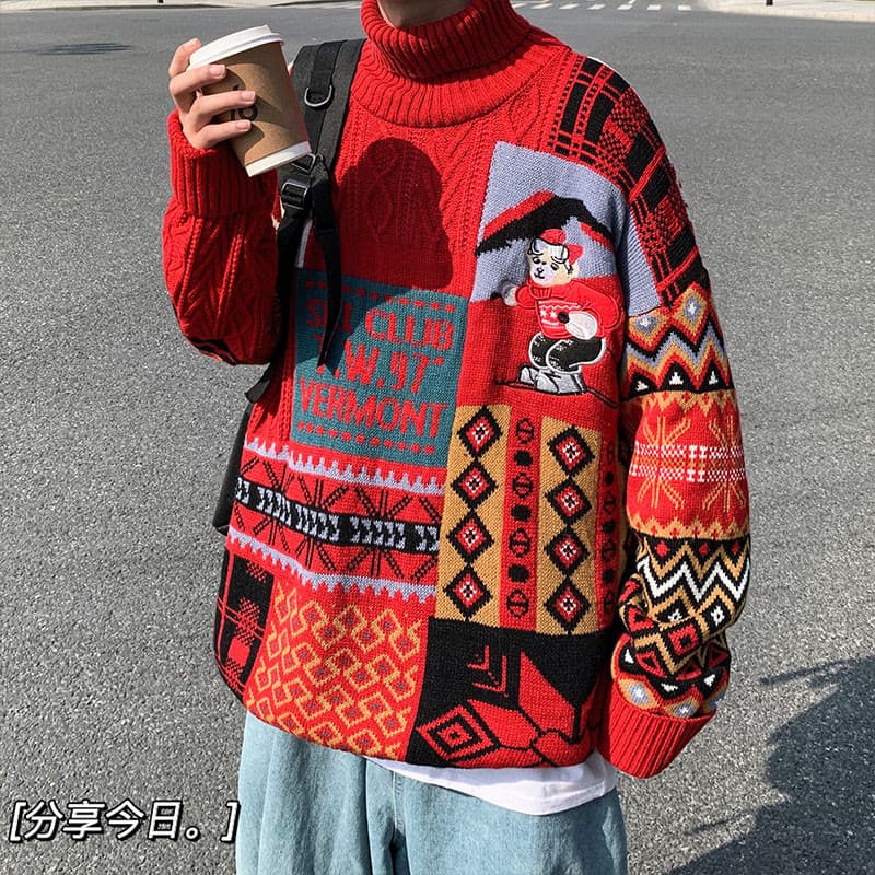 ストリートファッション ストリートファッション レトロ雪山柄パッチワークタートルネック