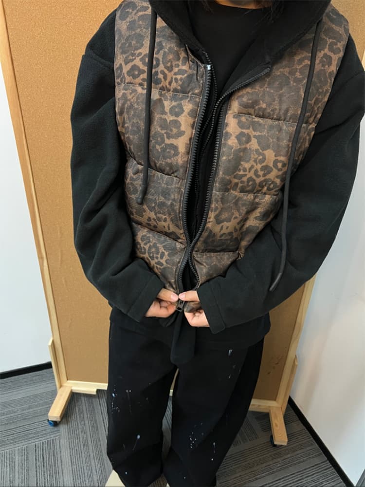 ストリートファッション ストリートファッション 豹柄キルティング中綿ベスト