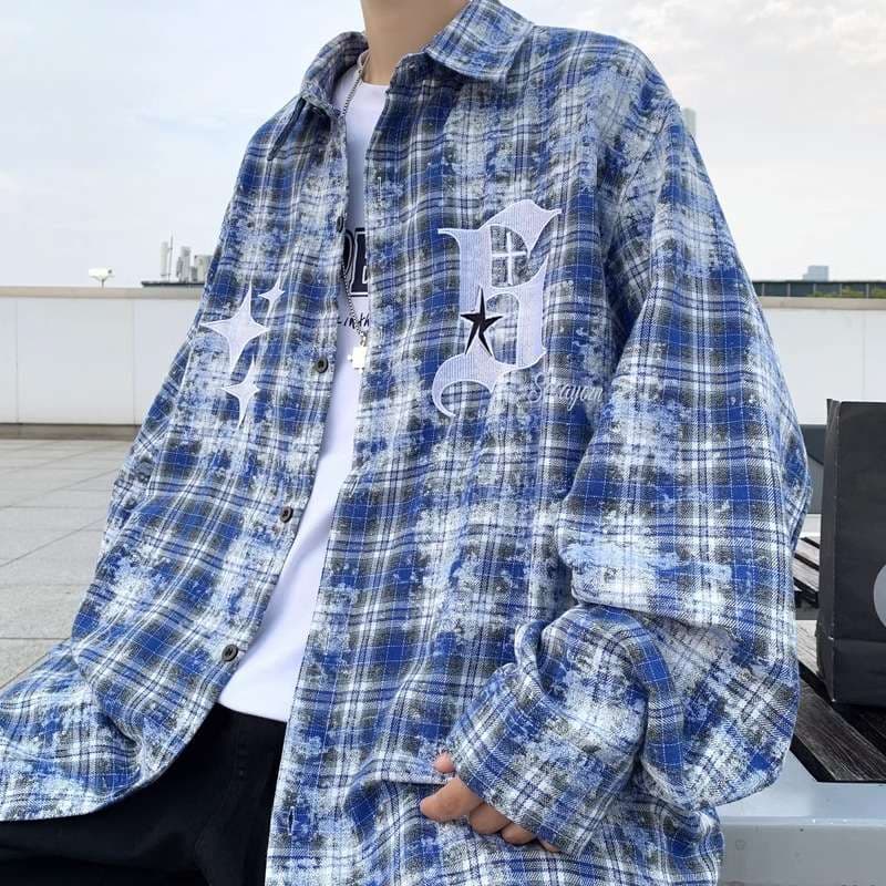 ストリートファッション ビンテージ風デザインオーバーサイズチェックシャツ