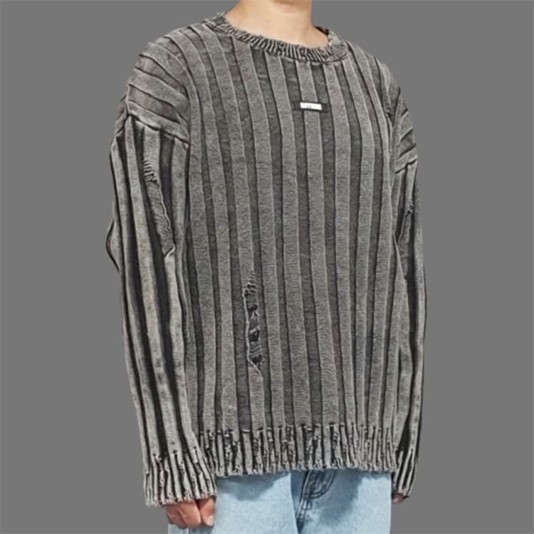 ストリートファッション ストリートファッション 破れ加工リブ編みニット