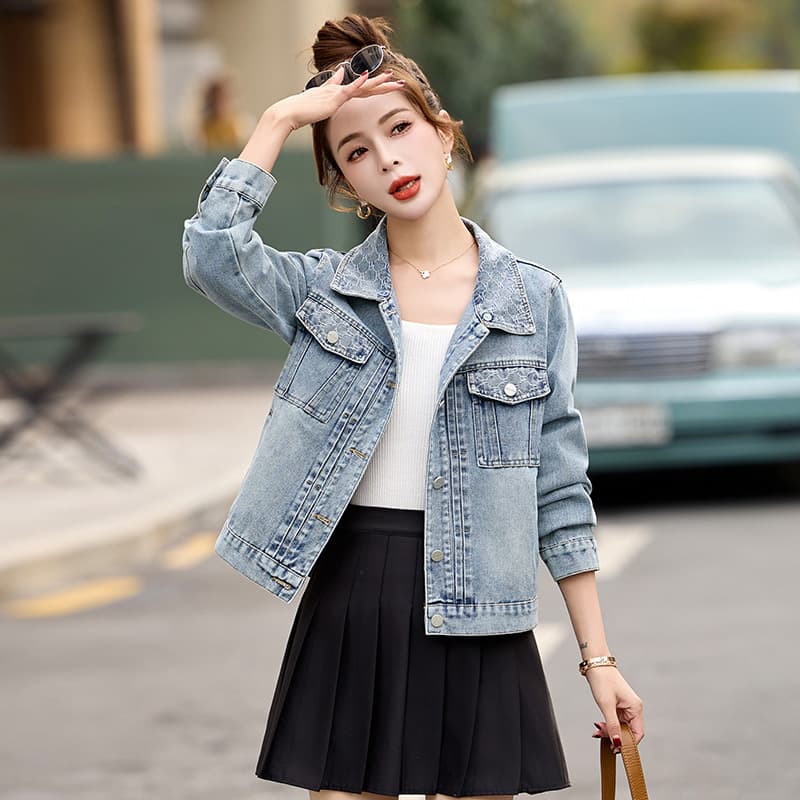 ストリートファッション クラシック胸ポケット付きデニムジャケット