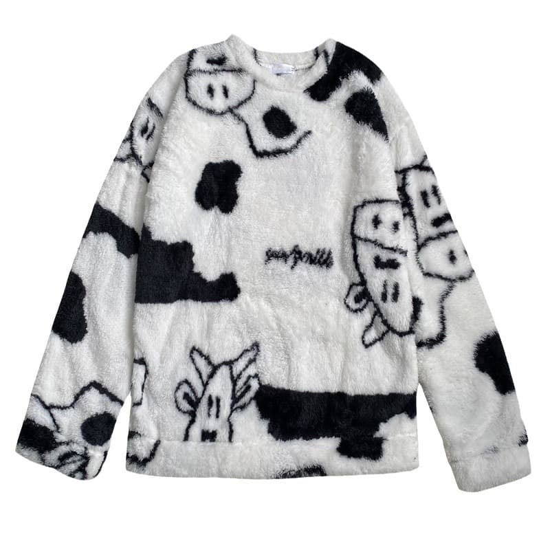 ストリートファッション モコモコ抽象柄ボアニット