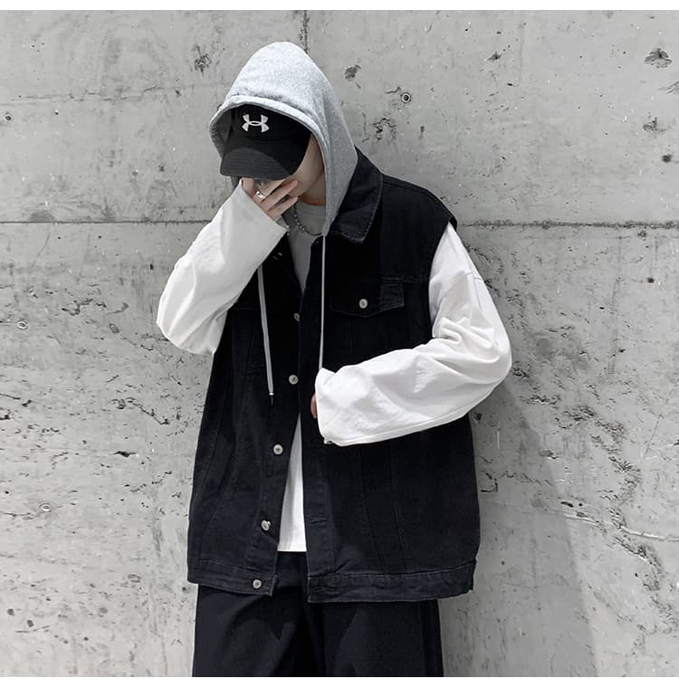 ストリートファッション ストリートファッション 重ね着風フード付きデニムベスト