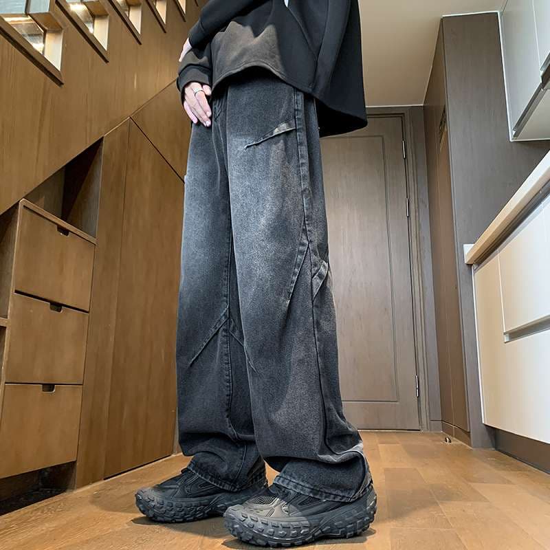 ストリートファッション クロスステッチ入り ゆったりデニム