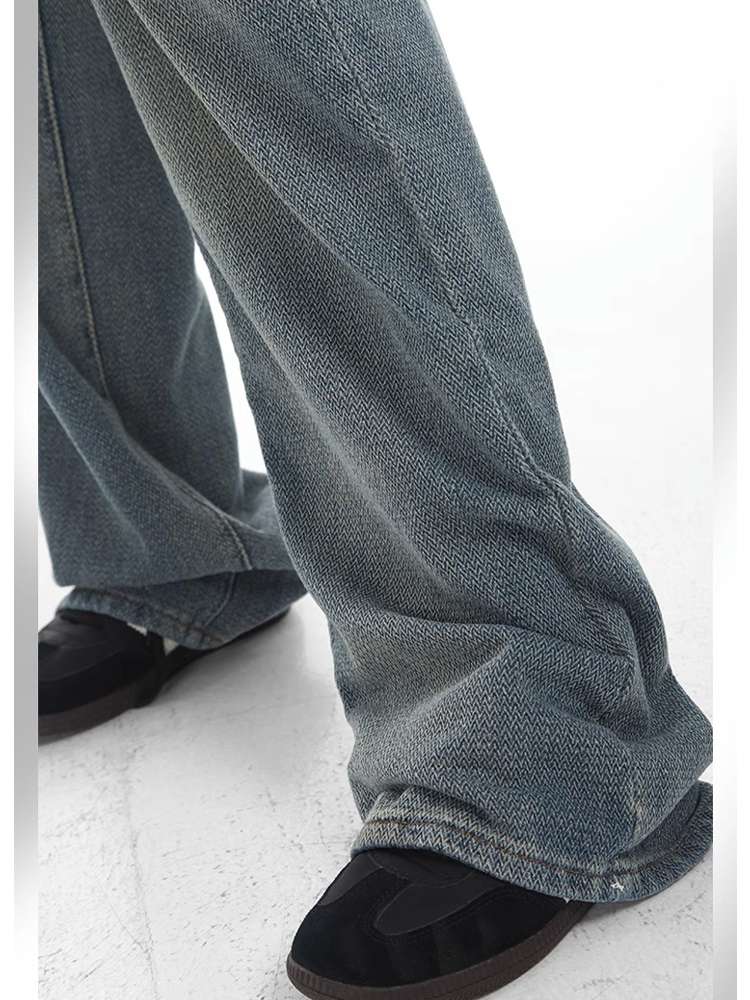 ストリートファッション ハイウエストワイドレッグデニムパンツ