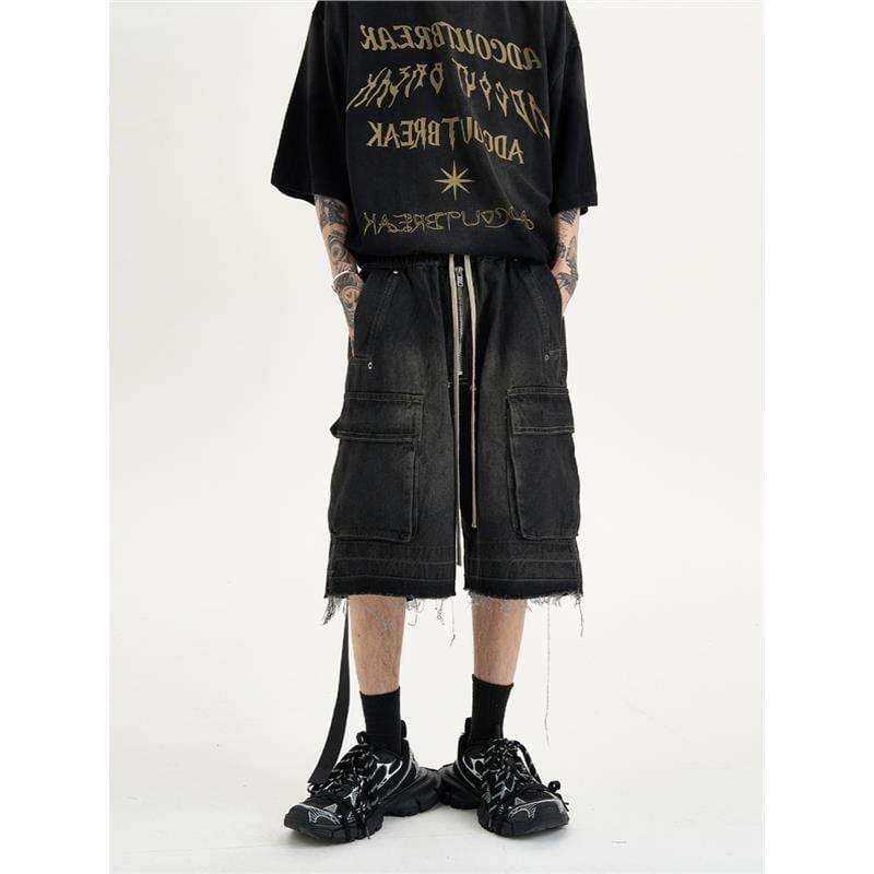 ストリートファッション ダメージ加工カーゴハーフパンツ