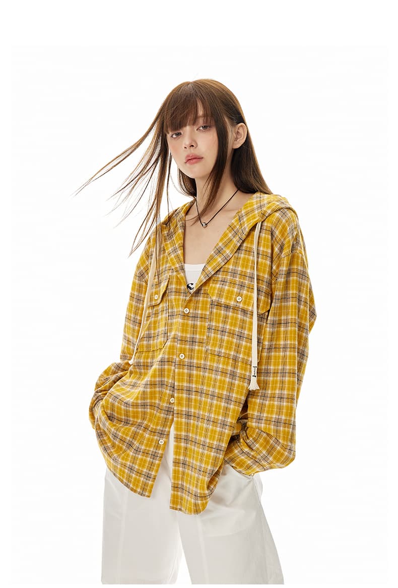 ストリートファッション 格子模様ゆったりフード付きシャツ