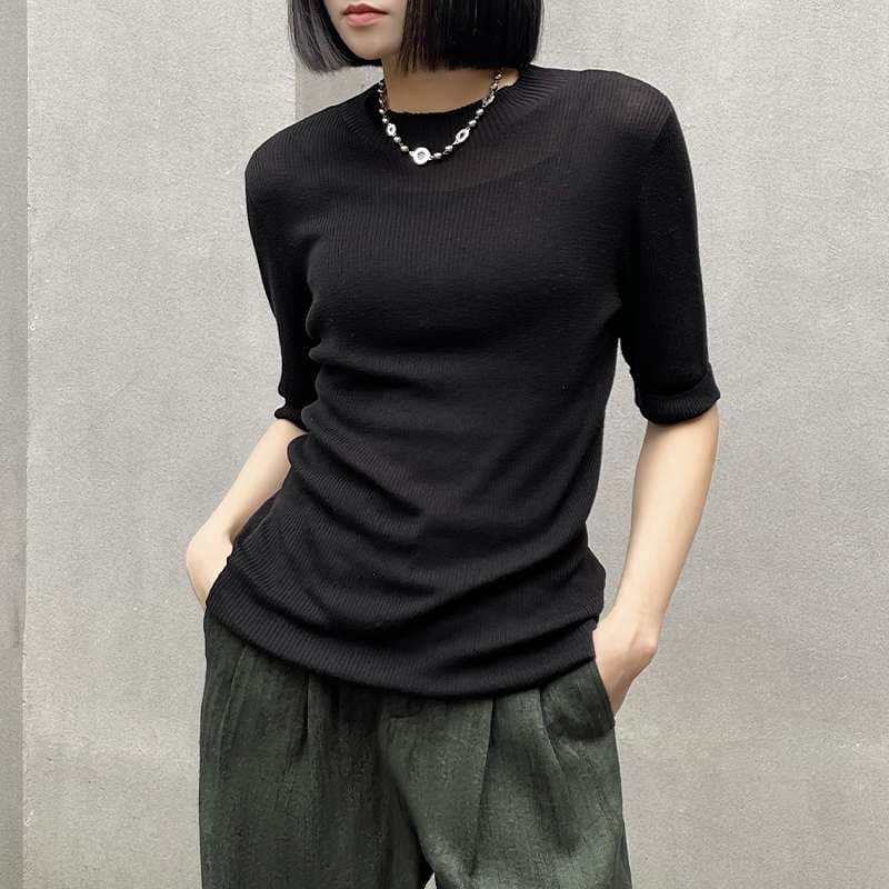ストリートファッション リブ編みフィットハーフスリーブニット