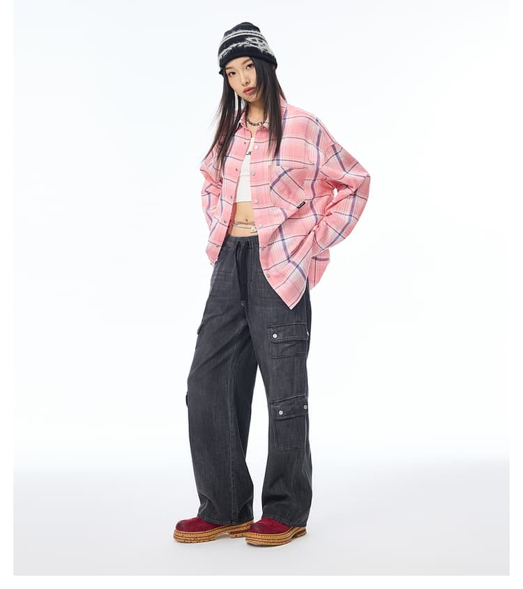 ストリートファッション ゆったりシルエットチェックシャツ