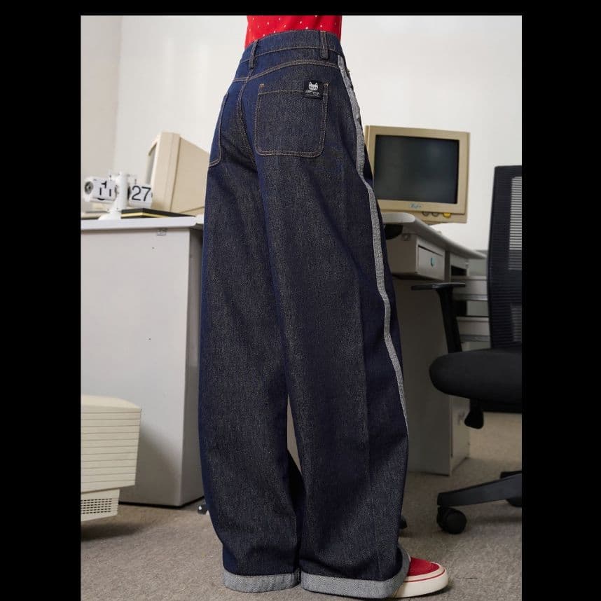 ストリートファッション サイドライン極太デニムパンツ
