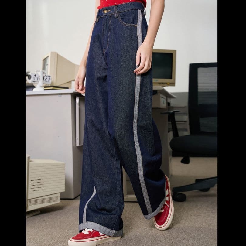 ストリートファッション サイドライン極太デニムパンツ