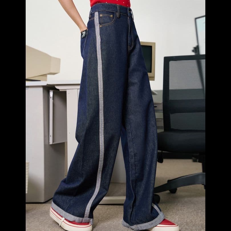 ストリートファッション サイドライン極太デニムパンツ