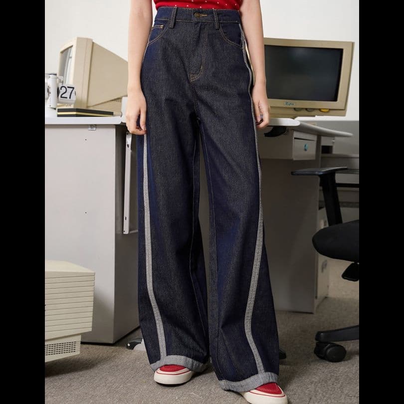 ストリートファッション サイドライン極太デニムパンツ